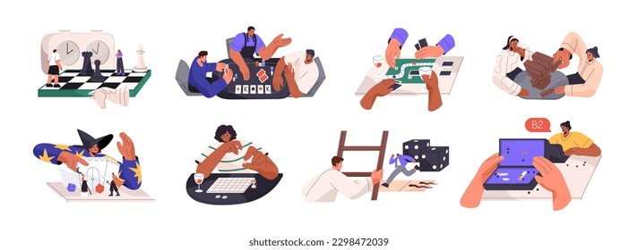 People playing board games set. Boardgames time, fun home activities concept. Characters with chess, poker cards, dices, map, jigsaw at leisure. Flat vector illustrations isolated on white background