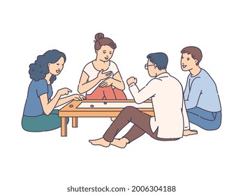 People playing board games sitting at low table, sketch cartoon vector illustration isolated on white background. Joint friends or family leisure activity.