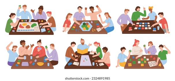 People playing board games. Tabletop game at home. Hand drawn set of compositions. Family, friends spending time together. Collection of cartoon characters at table. Vector illustrations of boardgames