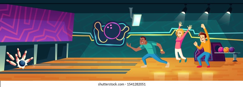 People playing bowling in club throwing balls along alleys to hit pins. Friends company relax in recreation area with skittles on lane, scoreboard and neon illumination. Cartoon vector illustration