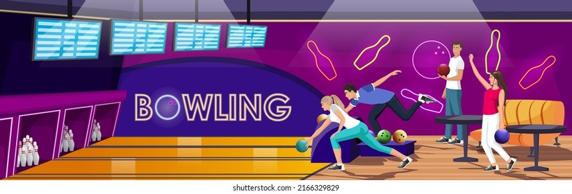 People playing in bowling club. Woman and man playing bowling in hall with alleys. Girls enjoy of game. Scoreboard screens. Players entertainment activity, Friends on recreation. Vector illustration