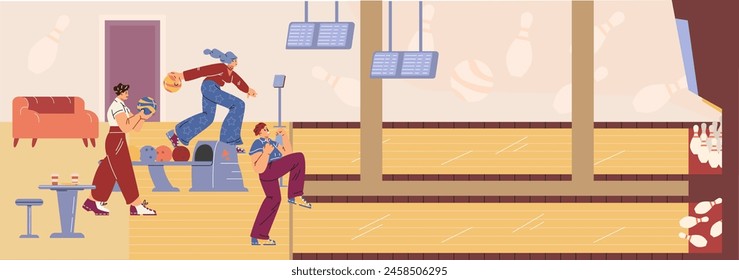 Personas jugando juego de bolos Vector ilustración plana. Mujer lanzando pelota en el carril a los tenis y a los bolos, hombre recibiendo un golpe. Ocio y pasatiempos, diversión deportiva y ocio