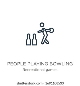 People playing bowling icon. Thin linear people playing bowling outline icon isolated on white background from recreational games collection. Line vector sign, symbol for web and mobile