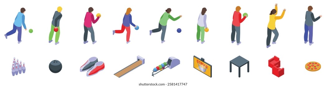  People playing bowling icons set. Bowling players throwing balls, celebrating strikes and isometric icons of bowling equipment, shoes, food and furniture