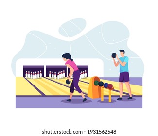 People playing bowling illustration. Men and women playing bowling in the club throwing balls. Couple playing in bowling alley. Bowling alleys with balls, pins and scoreboards. Vector in a flat style