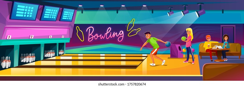 People playing bowling in luxury club on party vector illustration. Friends company relax in recreation area with skittles on lane cartoon design. Hobby and competition concept