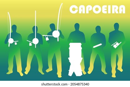 People playing capoeira music in a roda with instruments. Colorful vector illustration in black background with reflection and silhouette effect.