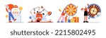 People playing casino and gamble games isolated set. Gambling concept with male and female characters spin roulette, slot machine, poker and lottery fortune games, Linear flat vector illustration