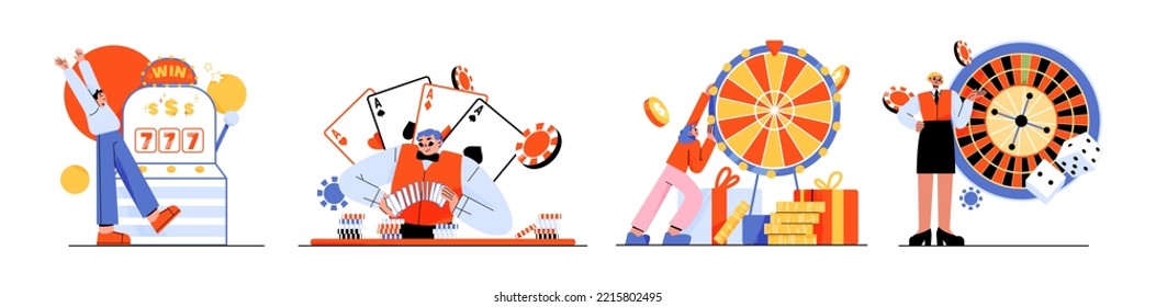 People playing casino and gamble games isolated set. Gambling concept with male and female characters spin roulette, slot machine, poker and lottery fortune games, Linear flat vector illustration