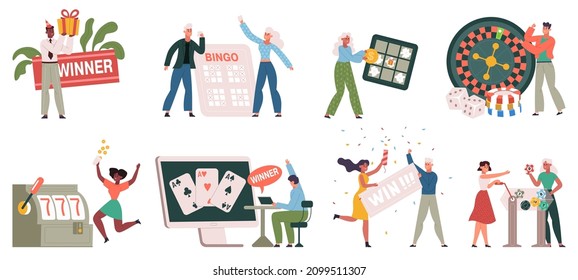 Gente jugando al juego de casino, lotería, póquer y rueda de la fortuna. Ganadores del casino, máquina tragaperras afortunadas, juegos de ilustraciones vectoriales de jugadores de ruleta y bingo. Escenas de juego. Caracteres ganando premio mayor