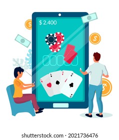 People playing casino mobile games online, flat vector illustration. Online poker game. Gambling industry.