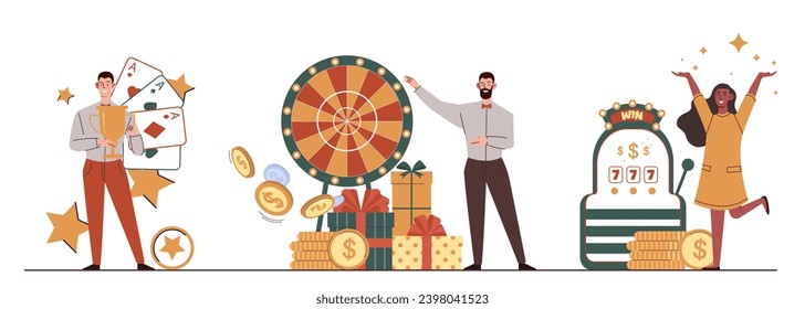 People playing casino set. Men and woman with gambling. Forthune games. Fortune wheel and slot machine, playing cards. Cartoon flat vector collection isolated on white background