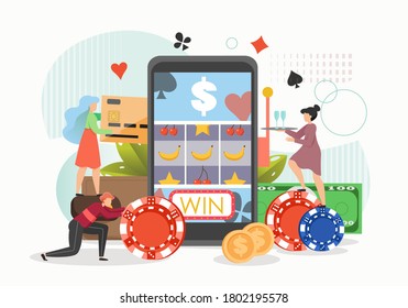 People playing casino slot machine game on smartphone, flat vector illustration. Online gambling mobile app. Online slot machine jackpot.