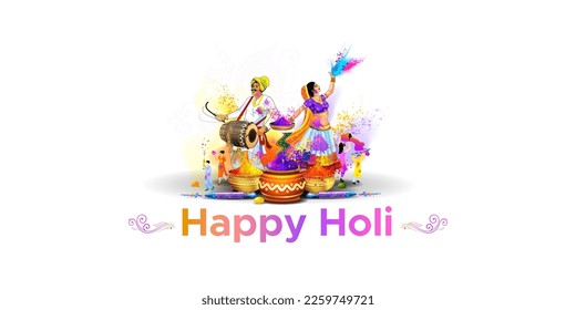 People playing and celebrating Holi festival Vector illustration background. Happy Holi text with colors splash and holi fun.