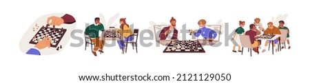 People playing chess game set. Young adult players, kids with boards on table and online. Smart men, women and school children at chessboard. Flat vector illustrations isolated on white background.