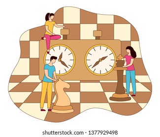 People playing chess. Girl holds queen, guy moves horse. Chessboard and clock banner. Tactic Business Game And Strategy graphic design poster. People color creative vector illustration editable stroke