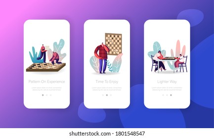 People Playing Chess Mobile App Page Onboard Screen Template. Family Hobby and Spare Time, Characters Playing Strategy Game, Domestic Leisure, Recreation Activity Concept. Cartoon Vector Illustration