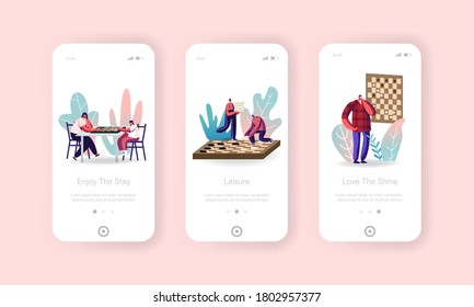 People Playing Chess Mobile App Page Onboard Screen Template. Family Characters Playing Strategy Game. Home Recreation, Domestic Leisure, Hobby and Spare Time Concept. Cartoon Vector Illustration
