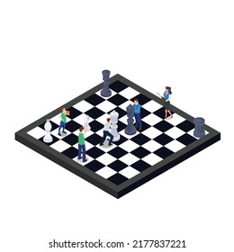 People playing chess on a chessboard isometric 3d vector illustration concept for banner, website, illustration, landing page, flyer, etc.