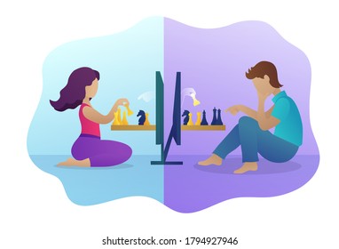 People playing chess online during quarantine. Boy and girl sitting on floor in front of computer screens playing strategic game. Stay home and social distancing concept. Flat vector illustration