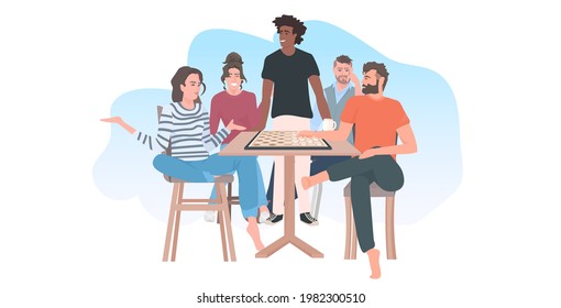 people playing chess spending time together mix race friends having fun table games concept
