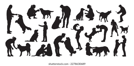 People playing with dog various activities collection set vector silhouette.