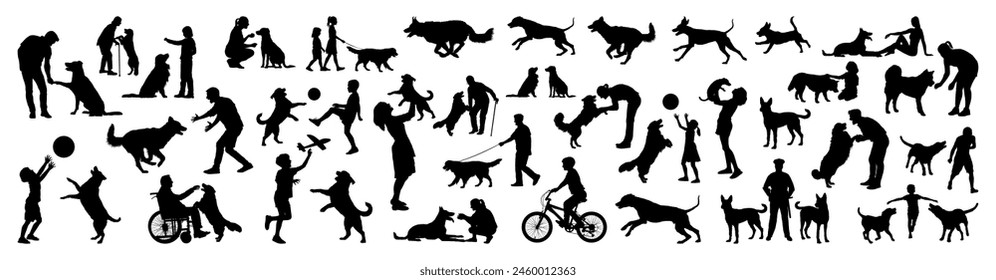 People playing with dog various poses black silhouette set collection.