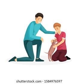 People playing with dog vector illustration. Cheerful adult man and little boy, parent and child with dog cartoon characters. Father and son adopting cute puppy, charity activity, happy childhood