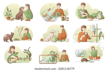 People playing feeding looking after their pets flat set isolated vector illustration