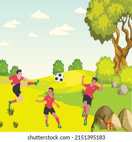 The people playing football in the field stadium. Soccer man players vector illustration.