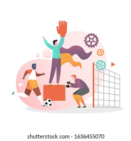 People playing football, goalkeeper defending soccer goal, vector illustration. Football game school competition concept for web banner, website page etc.