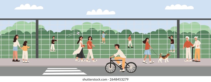 People playing football. Kids playing at the field. People walking on the city sidewalk. Pedestrian. Elderly walking at the park.