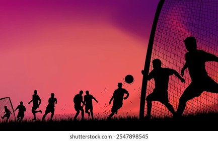 People playing football soccer games at field on silhouette vector illustration background.