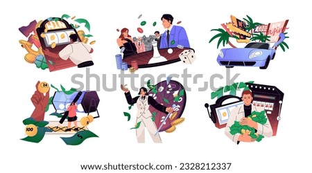 People playing gambling set. Gamblers betting, risking in casino, luck wheel, roulette, lottery, lucky machine, winning jackpot, money. Flat graphic vector illustrations isolated on white background