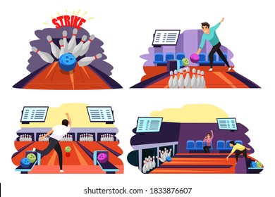 People playing game of bowling set. Man throwing ball on lane into tenpins and skittles, getting strike. Recreation and hobby vector illustration. Night entertainment, fun leisure activity.