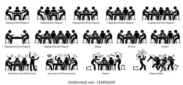 People playing game card, poker card, and mahjong on the table. Pictogram depicts different number of players, reactions, emotions, feelings, and actions of the men who are playing the game card.