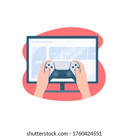 people playing game with new controller game in front of television illustration vector, gaming concept flat illustration, hand held joystick game controller vector illustration
