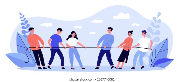 People playing game and pulling rope flat vector illustration. Office contest for two teams resisting each other in struggle. Competition, challenge and confrontation concept