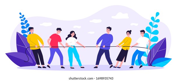 People playing game and pulling rope flat vector illustration. Office contest for two teams resisting each other in struggle. Competition, challenge and confrontation concept