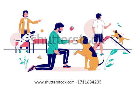 People playing games with dog pets, training them on playground, vector flat illustration. Trainers, pet owners teaching their puppies basic commands in city park using dog play equipment.