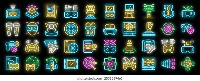 People playing games using virtual augmented reality neon icons set, vector illustration