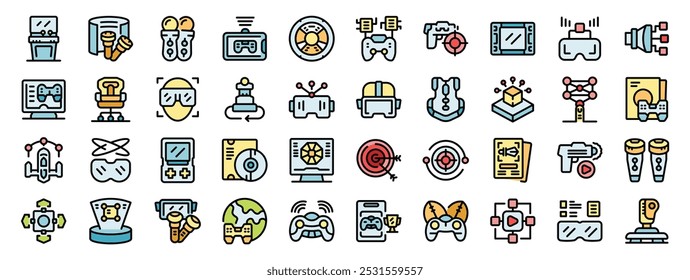 People playing games using virtual reality technology and devices icon set in thin line style