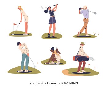 People Playing Golf And Engaging In Various Activities On The Golf Course. Diverse Characters Showcasing Different Poses