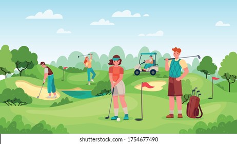 People playing golf. Golfers couple with golf clubs on green grass, bags with professional equipment and driving cart, sport game outdoor concept. Summer hobby and recreation vector illustration.