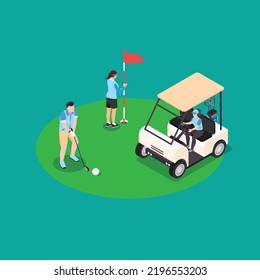 People playing golf isometric 3d vector illustration concept for banner, website, illustration, landing page, flyer, etc.