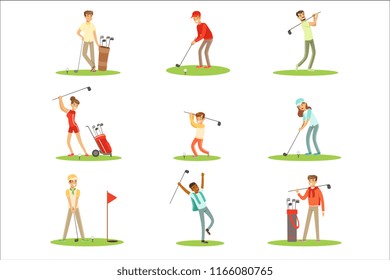 People Playing Golf On Grass, Striking The Ball With Club Set Of Smiling Characters Enjoying Gulf Game Outside In Summer