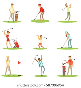 People Playing Golf On Grass, Striking The Ball With Club Set Of Smiling Characters Enjoying Gulf Game Outside In Summer
