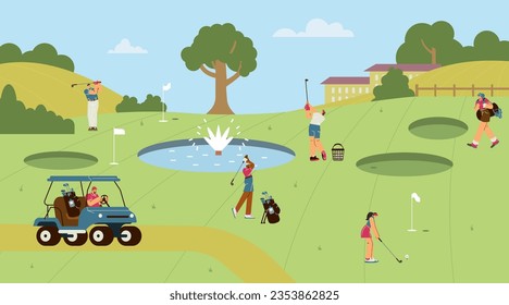 People playing golf on the lawn with fountain. Driving cart with golf equipment, club bag. Sport leisure activity, outdoor hobby or training on natural landscape with building vector illustration