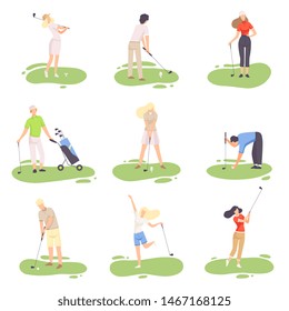 People Playing Golf Set, amdn and Woman Golfer Players Training with Golf Clubs on Course, Outdoor Sport or Hobby Vector Illustration