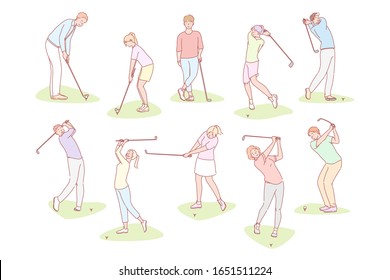 Gente jugando al concepto de juego de golf. Diferentes hombres y mujeres están haciendo actividades deportivas jugando al golf en el césped. Colección de atletas de niños y niñas participando en competiciones de golf. Vector simple